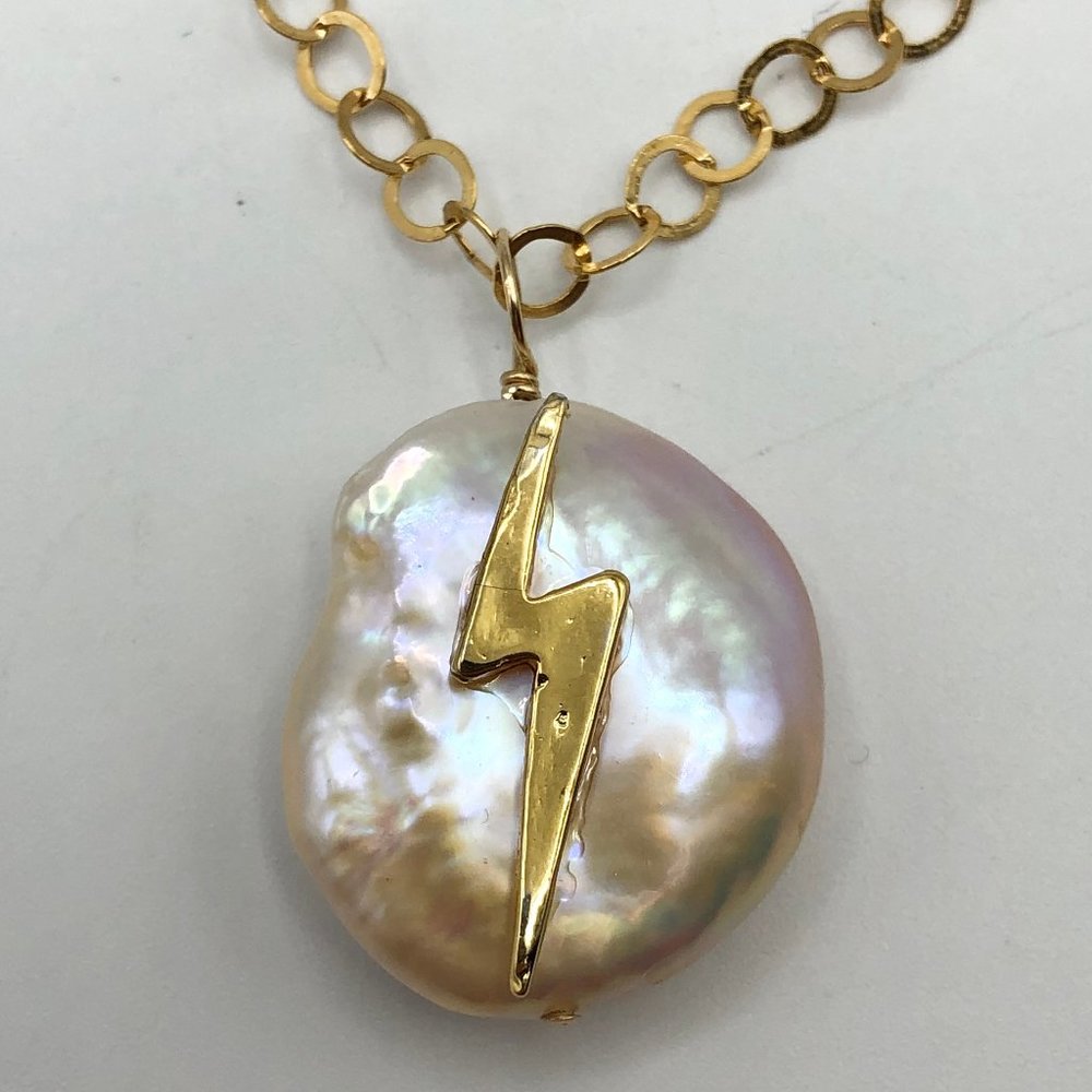 Gold Lightning Bolt Pearl Pendant